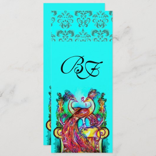 PAUWEN IN LIEFDE AQUA BLAUW TEAL DAMAST MONOGRAM KAART (Voorkant / Achterkant)