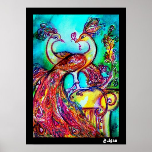 PAUWEN IN LIEFDE, Rood Geel Turquoise Blauw Poster (Voorkant)