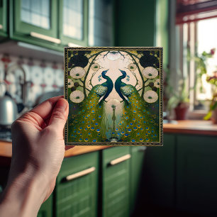 Pauwen Klimt Groen Wanddecor Art Nouveau Tegeltje