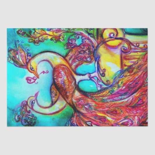 PAUWEN VERLIEFD, RODE AQUA BLAUWE TURQUOISE Valent Tissuepapier (Voorkant)