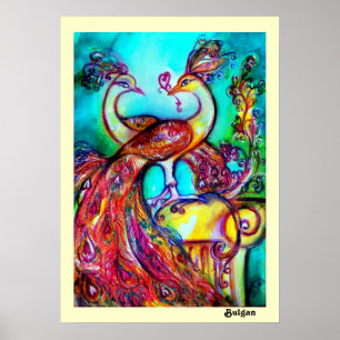 PAUWEN VERLIEFD, Rood Geel Turkoois Blauw Poster