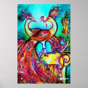 PAUWEN VERLIEFD, Rood Geel Turkoois Blauw Poster