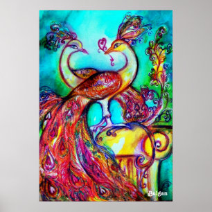 PAUWEN VERLIEFDE, Rood Geel Turkoois Blauw Poster