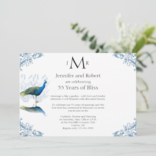 Pauwenhof in het blauw voor huwelijksjubileum kaart (Staand voorkant)