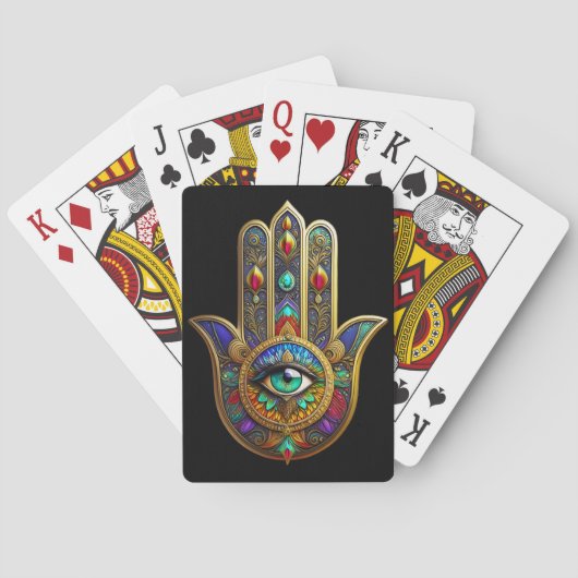 Pauwenkleur Bloemblaadjes Hamsa Groen Derde Oog Pokerkaarten (Achterkant)