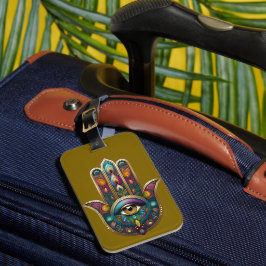 Pauwenkleur Hamsa met Gouden Derde Oog Bagagelabel