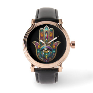 Pauwenkleur Hamsa met Gouden Derde Oog Horloge