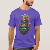 Pauwenkleur Hamsa met Gouden Derde Oog T-shirt (Voorkant)