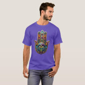 Pauwenkleur Hamsa met Gouden Derde Oog T-shirt (Voorkant volledig)