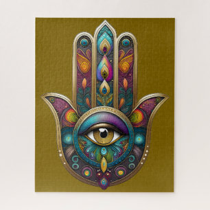 Pauwenkleuren Hamsa met Gouden Derde Oog Legpuzzel
