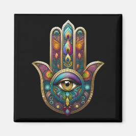 Pauwenkleuren Hamsa met Gouden Derde Oog Magneet