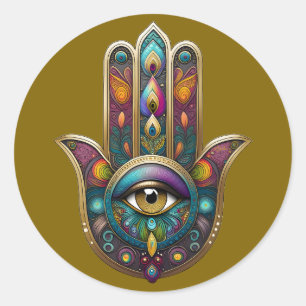 Pauwenkleuren Hamsa met Gouden Derde Oog Ronde Sticker