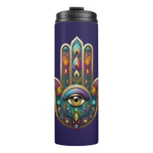 Pauwenkleuren Hamsa met Gouden Derde Oog Thermosbeker