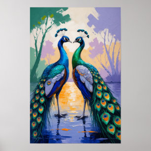 Pauwenkoppelreflectie in water Elegante vogelkunst Poster