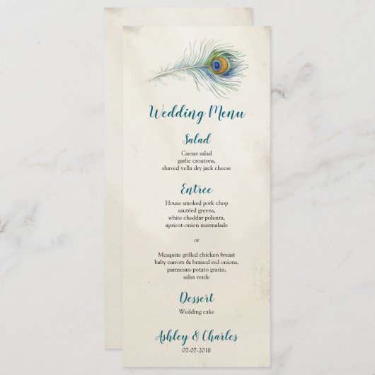 pauwenveer elegante boho Blauwgroen bruiloft Menu (Voorkant / Achterkant)