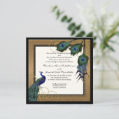 pauwenveer zwart goud elegante bruiloft kaart (Staand voorkant)