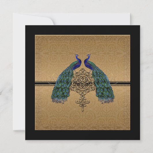  pauwenveer zwart goud elegante bruiloft kaart (Achterkant)