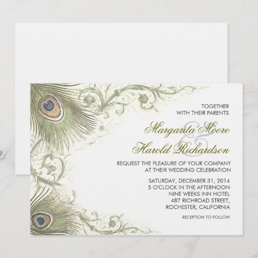 pauwenveren vintage bruiloft uitnodigingen (Voorkant / Achterkant)