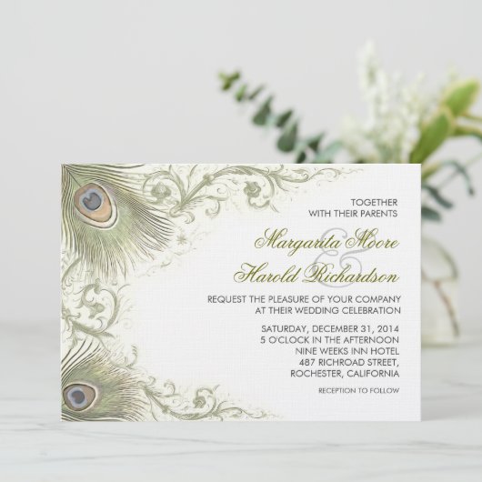 pauwenveren vintage bruiloft uitnodigingen (Staand voorkant)