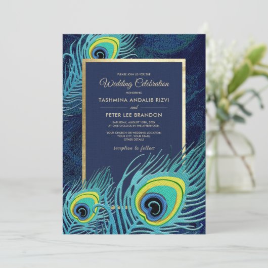 Pauwestaart Pauwveer Navyblauw Gouden Trouw Kaart (Staand voorkant)