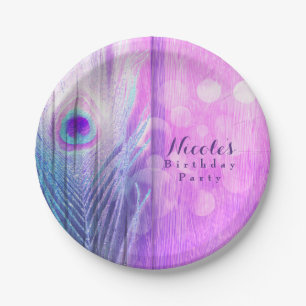 Pauwestaartveer Roze & Blauwe Boho Chic Aangepaste Papieren Bordje