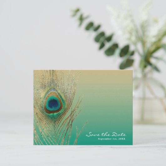 Pauwestaartveer Zand en Turquoise Boho Save the Da Aankondigingskaart (Staand voorkant)