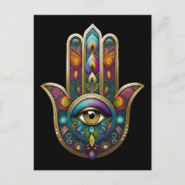 Pauwkleuren Hamsa met Gouden Derde Oog Briefkaart