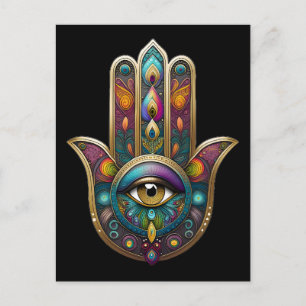 Pauwkleuren Hamsa met Gouden Derde Oog Briefkaart