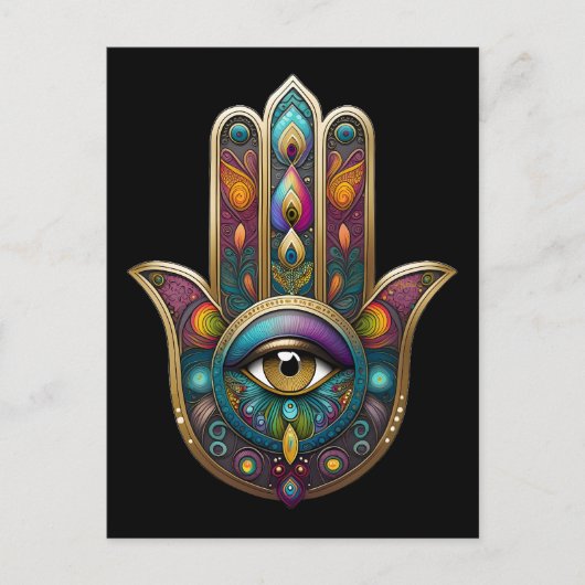 Pauwkleuren Hamsa met Gouden Derde Oog Briefkaart (Voorkant)