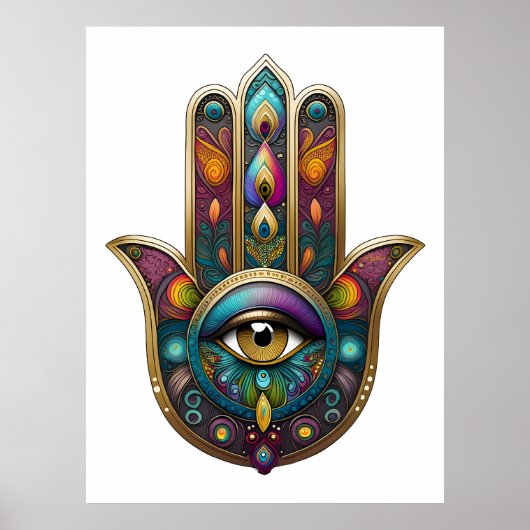 Pauwkleuren Hamsa met Gouden Derde Oog Poster (Voorkant)
