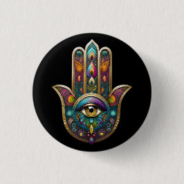 Pauwkleuren Hamsa met Gouden Derde Oog Ronde Button 3,2 Cm