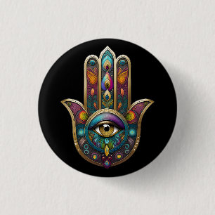 Pauwkleuren Hamsa met Gouden Derde Oog Ronde Button 3,2 Cm