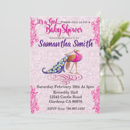 Pauwroze bloemige baby shower uitnodiging (Staand voorkant)