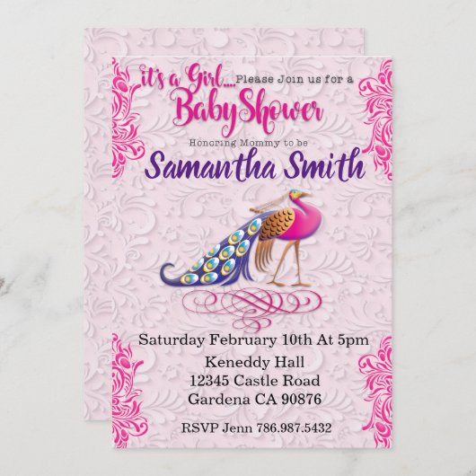 Pauwroze bloemige baby shower uitnodiging (Voorkant / Achterkant)