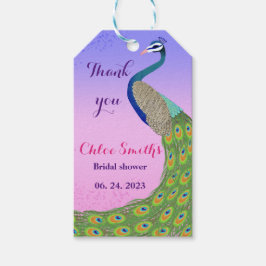 Pauwthema roze blauwe kleur bruidsdouche cadeaulabel