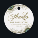 Pauwveer Baby Shower Bedank Champagne Bedankjes Labels<br><div class="desc">Elegante bedankkaartjes voor een babyshower met pauwveren,  een fantasievol schrift en een diagonaal streepjespatroon. Personaliseer door uw eigen tekst toe te voegen. Deze pauwveren bedankkaartjes zijn perfect voor Gatsby-thema showers.</div>