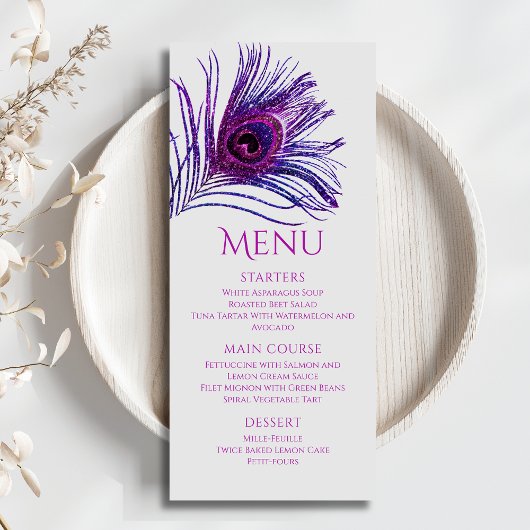 Pauwveer Chic Glitter Paarse Bat Mitzvah Menu