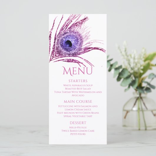 Pauwveer Chic Glitter Roze Bat Mitzvah Menu (Staand voorkant)