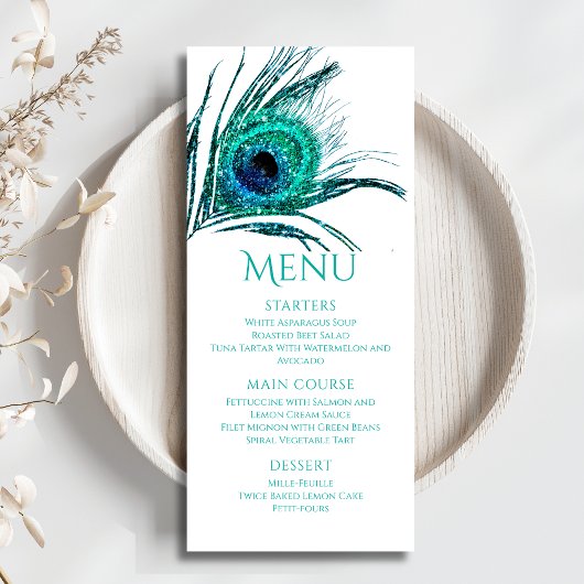 Pauwveer Chic Glitter Turkoois Bat Mitzvah Menu