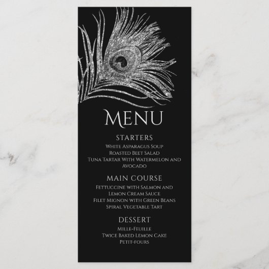 Pauwveer Chic Glitter Zilver Bat Mitzvah Menu (Voorkant)