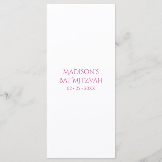 Pauwveer Chique Glitter Roze Bat Mitzvah Menu (Achterkant)