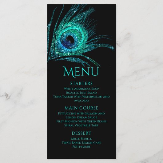 Pauwveer Chique Glitter Turkoois Bat Mitzvah Menu (Voorkant)