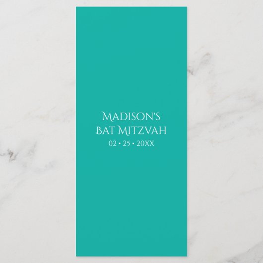 Pauwveer Chique Glitter Turkoois Bat Mitzvah Menu (Achterkant)