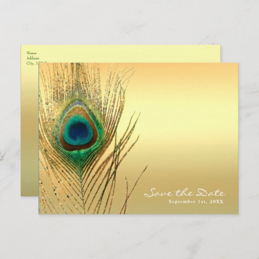 Pauwveer Goud Exotische Boho Bewaar de Datum Aankondigingskaart (Voorkant / Achterkant)