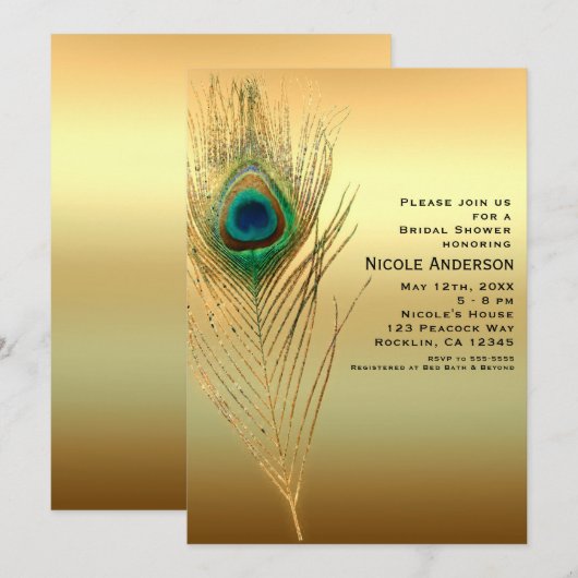 Pauwveer Gouden Exotische Boho Chic Uitnodigingen (Voorkant / Achterkant)
