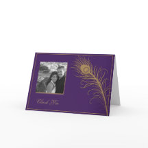 Pauwveer in goud en pruim Thank You kaart