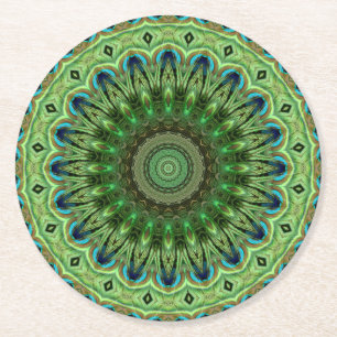 Pauwveer Mandala Smaragd en Blauwe Symmetrie Ronde Kartonnen Onderzetter