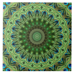 Pauwveer Mandala Smaragd en Blauwe Symmetrie Tegeltje