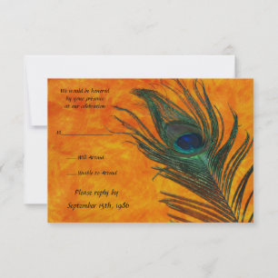 Pauwveer met oranje trouw-RSVP-kaarten RSVP Kaartje