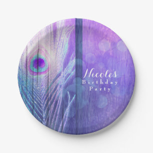 Pauwveer Paars Glam Boho Chic Aangepast Feest Papieren Bordje